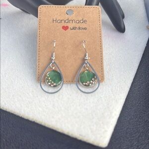 Handmade Green and Stainless Steel Teardrop Earrings